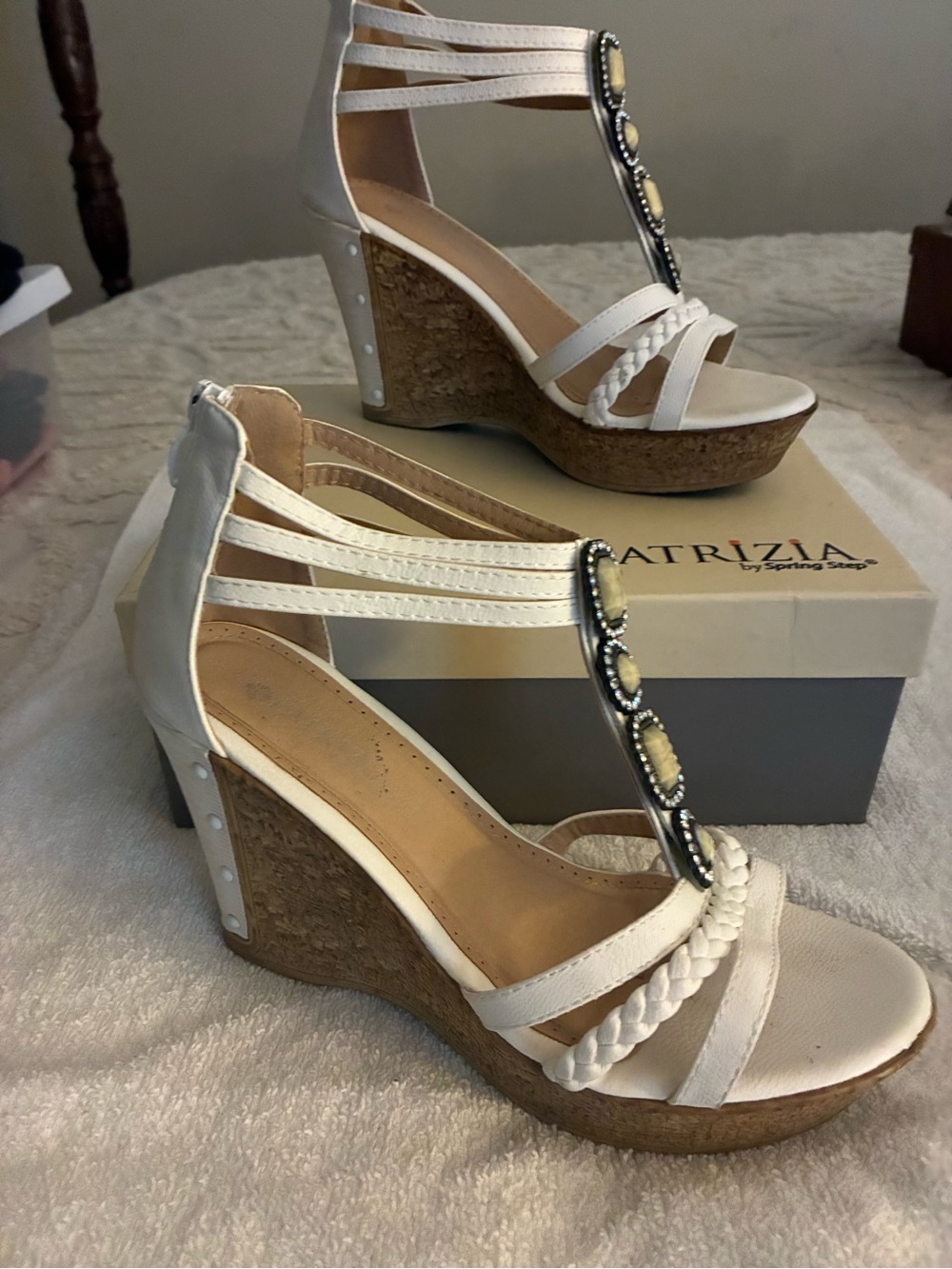 Beautiful Patrizia White Braided T-Strap Cork Wedge natural faux-cork heel